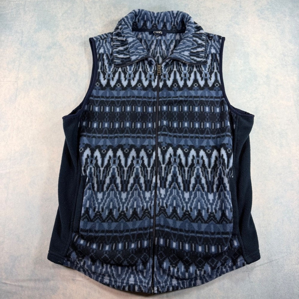 Chaps Fleece Vest Womens XL Blue Ikat Geometric Full Zip Sleeveless Aztec
